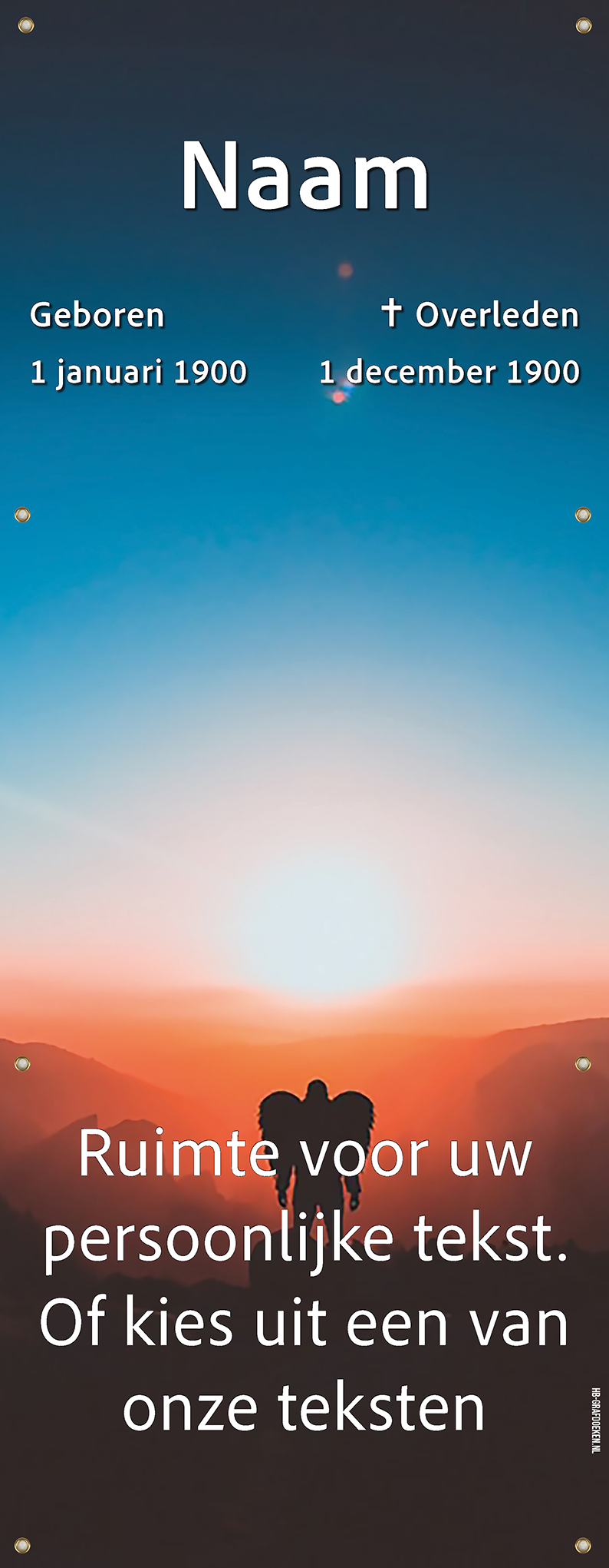 Tijdelijk grafdoek met de ondergaande zon en een engel. HB-grafdoeken onderdeel van HB-Creations uit Rijen en Tilburg (Reeshof).