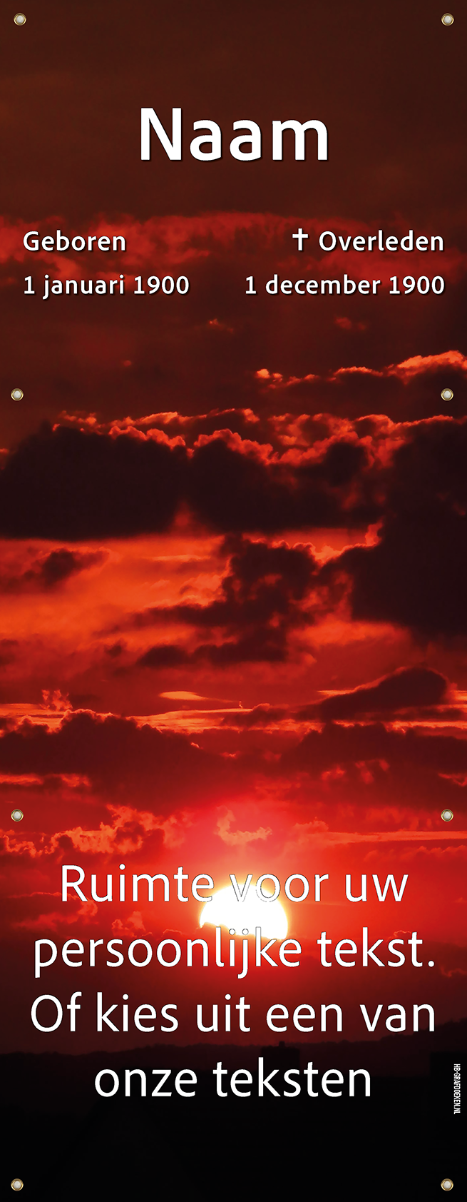 Tijdelijk grafdoek met een bewolkte ondergaande zon in het avondrood. HB-grafdoeken onderdeel van HB-Creations uit Rijen en Tilburg (Reeshof).